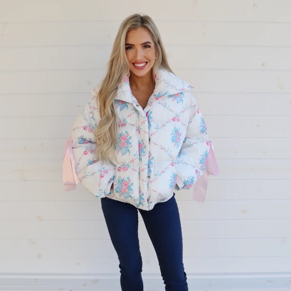 Floral Puffer Jacket with Bow Sleeves